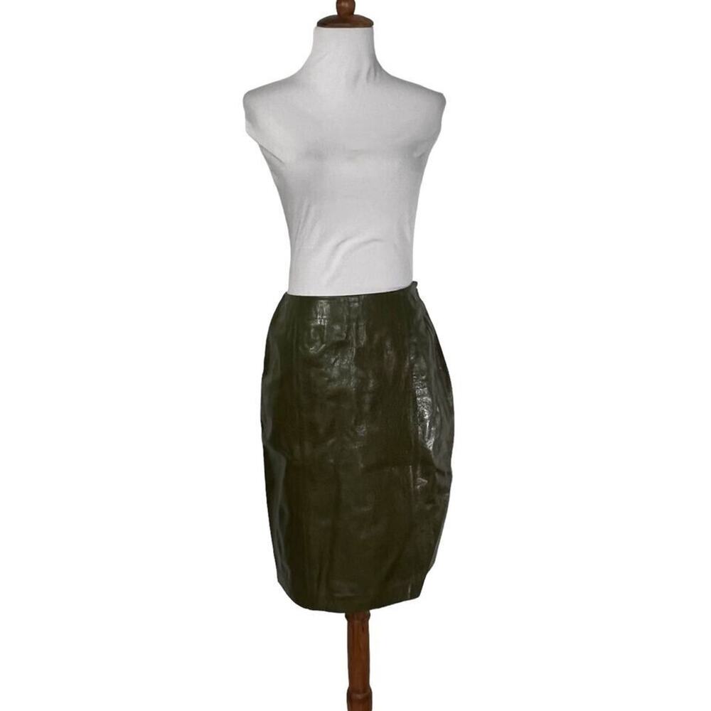 Vintage 80s Linda Allard for Ellen Tracy Olive Green Leather skirt 4 Petite - Picture 3 of 8